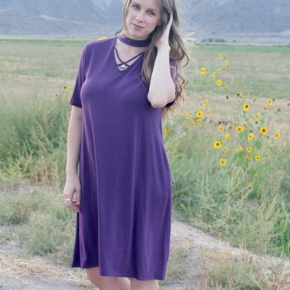 Zenana NWT Large Purple Choker Dress Plum Criss Cross Strappy Knee Length - Picture 2 of 9